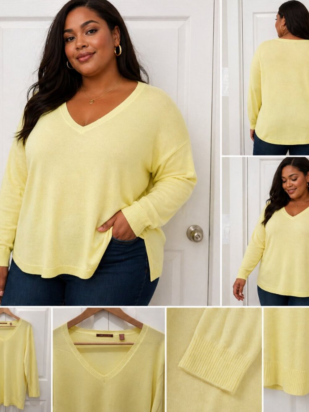 525 America Women’s 2XL Butter Yellow 3/4 Sleeve V-Neck Lightweight Knit Sweater